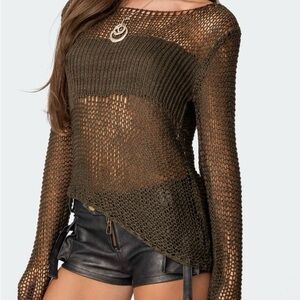 Edikted Olive Green Asymmetric Open Knit Top Long Sleeve Sweater size small